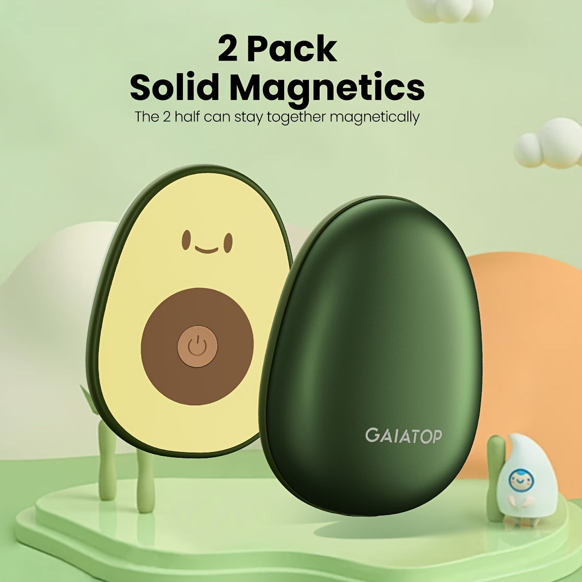 2 rechargeable hand warmers from GAIATOP - Features a cute avocado design, magnetic detachable feature, and USB powered for outdoor & camping use.