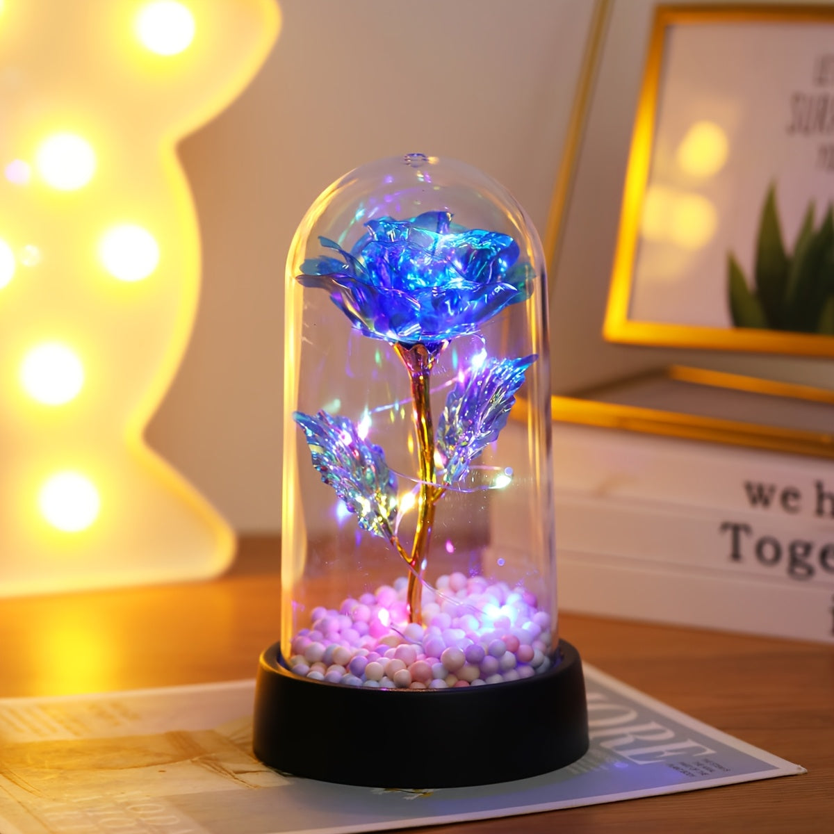 Modern LED Rose Flower Night Light with Golden Foil Accents, Battery Operated for Bedroom Decor, Special Occasions, and Gifts.