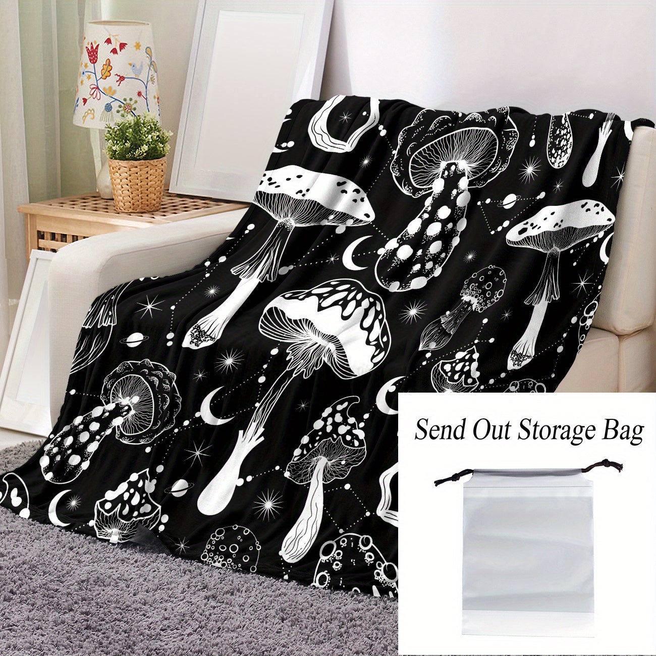 Stay cozy with this stylish Black and White Mushroom Patterned Flannel Blanket, perfect for naps, snuggling, or keeping warm. This versatile and lightweight blanket is a great gift for the home, providing comfort in the living room, bedroom, office, or