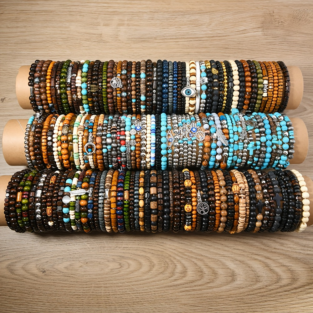 Handmade stretch jewelry for women featuring a set of 12 Boho style mixed wooden bead elastic bracelets. Perfect for daily wear, Valentine's Day gifts, and as a versatile all-season accessory. Includes synthetic February birthstone accents.