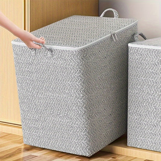 Fabric storage bags with lids are available in four sizes (30L, 110L, 150L, 220L) for organizing clothes, bedding, pillows, and toys. Comes with handles and folds for easy storage.