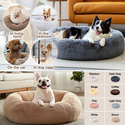 Cozy round pet bed for dogs, ideal for autumn and winter indoor sleeping.