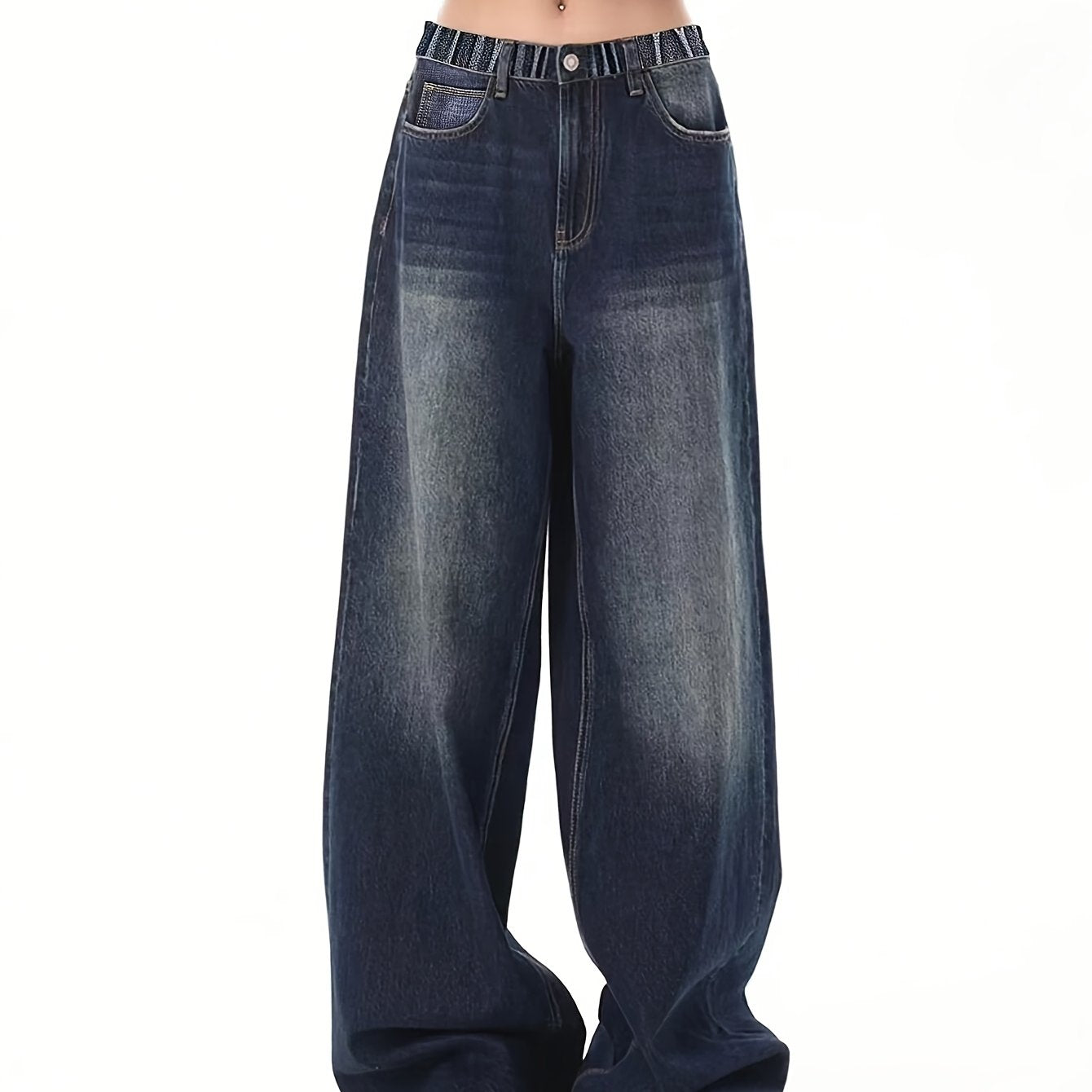 Youth wide-leg denim jeans with side pockets, elastic waist, and solid color. Non-stretch fabric suitable for all seasons.