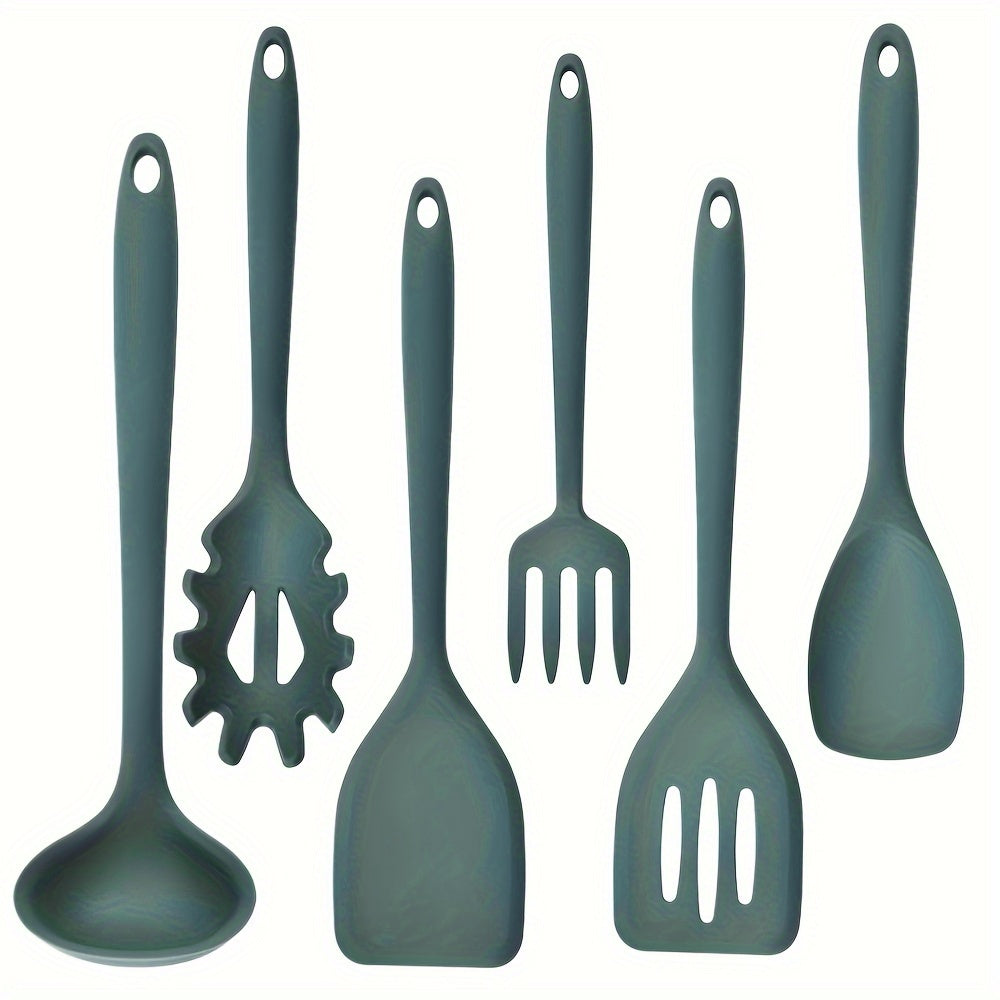 6-Piece Silicone Utensil Set -Non-Stick and Heat Resistant Kitchen Tools for Cooking - Includes Salad Spoon, Soup Ladle, Spatula, Pasta Claw, Slotted Turner, and Fork - Durable and Easy to Clean Home Kitchen Accessories.