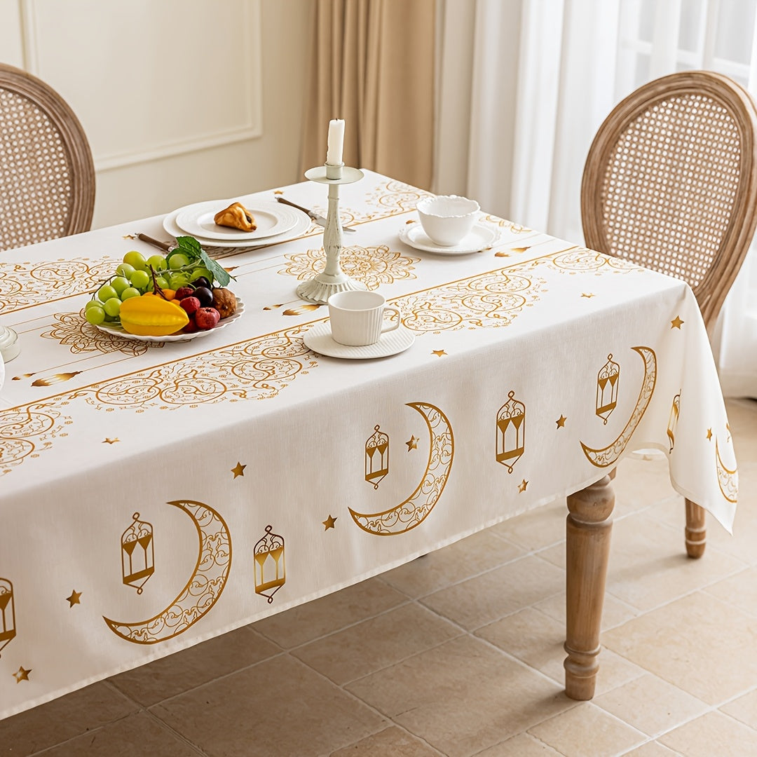 Bohemian Geometric Pattern Ramadan Eid Al-Fitr Tablecloth with Golden Moon and Star Design, made of 100% polyester, suitable for Iftar, parties, festivals, and gifting.