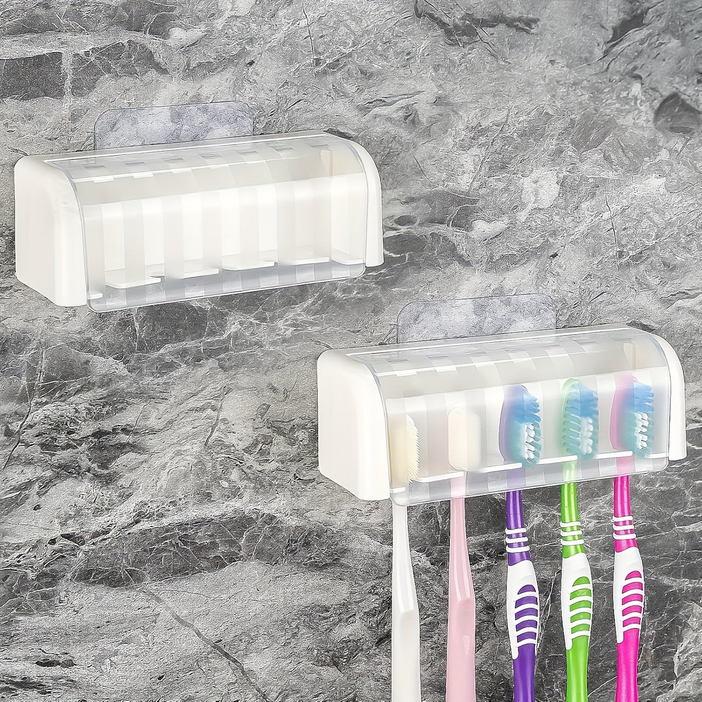 Wall-mounted toothbrush and toothpaste holder that saves space, requires no punching for installation, and is easy to install in the bathroom.