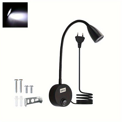 Wall-mounted reading light with flexible goose neck LED spotlight, plug and switch, suitable for bedroom, bedside, office, workbench, studio.