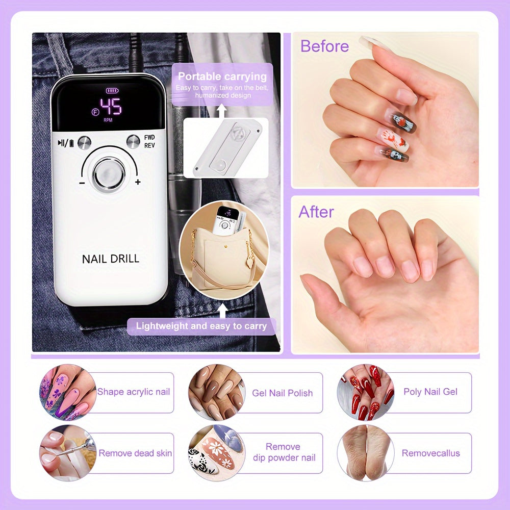 45000RPM Nail Polisher with Digital Display, Portable Wireless Gel and Nail Polish Polishing Machine for Manicure Salon.