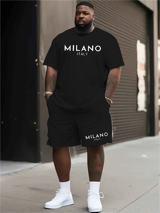 Milano Italy Letter Print Men's Set: Round Neck T-Shirt with Drawstring Shorts - Cool and Comfortable Summer Outfit