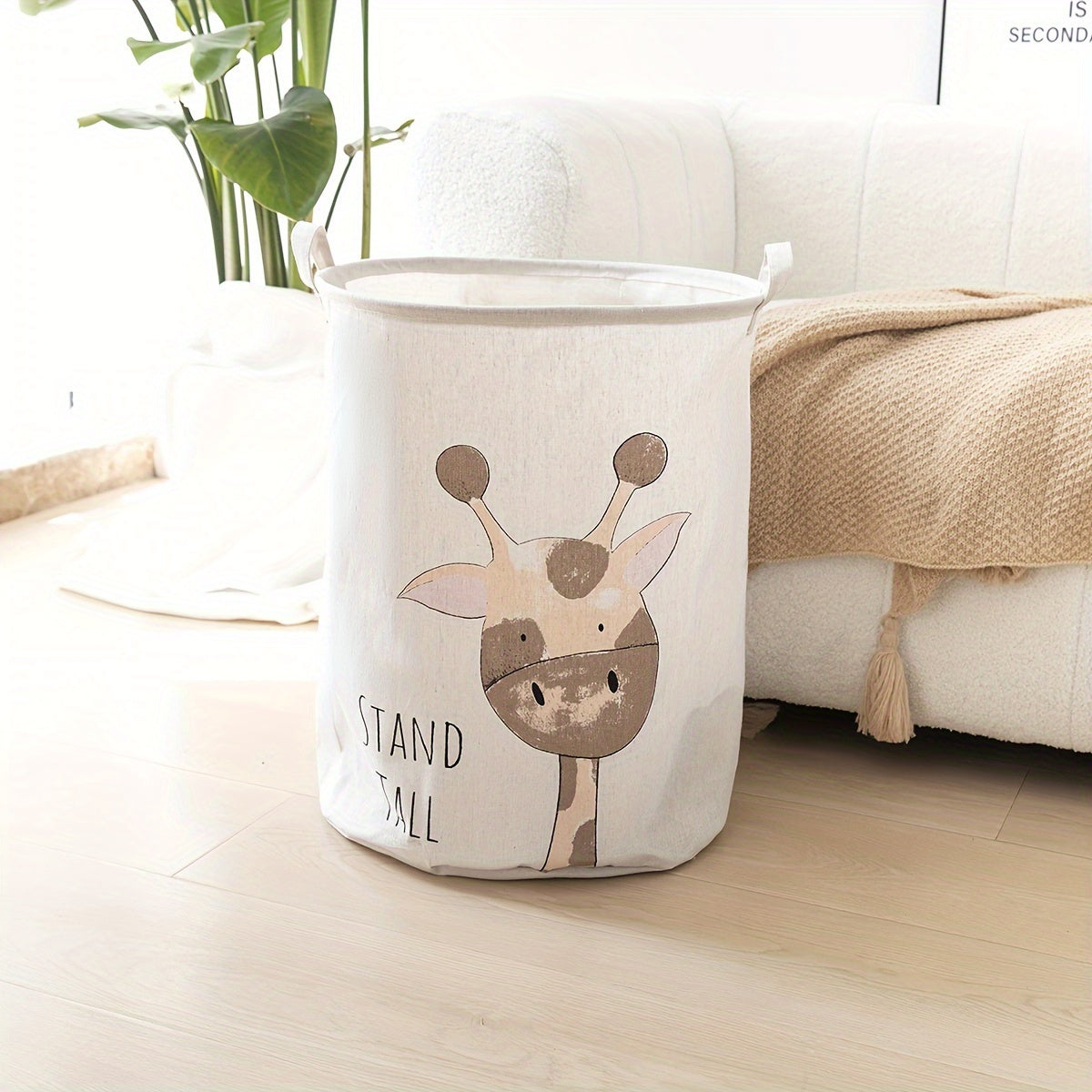 Collapsible fabric hamper with giraffe design, handles, and versatile storage for ages 12-14.