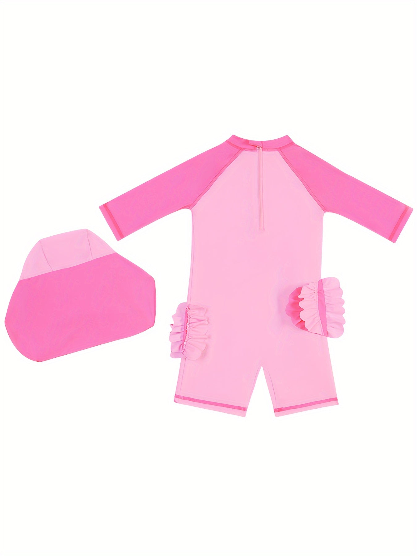 Children's pink flamingo one-piece swimsuit with sun protection, quick-dry polyester blend, high stretch fabric, perfect for ages 12 and under.