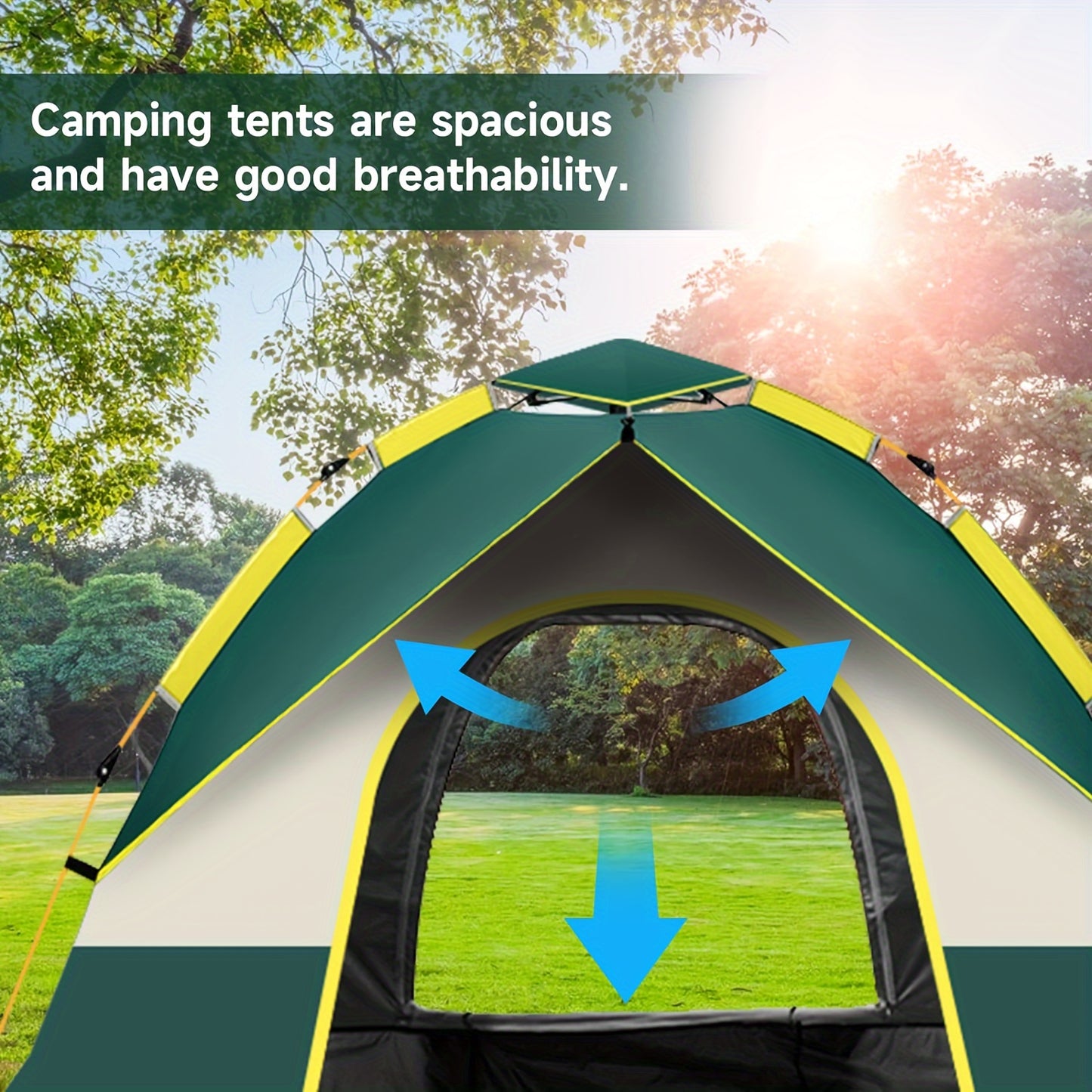 Waterproof and windproof family camping tent for 2-4 people with easy setup, ideal for hiking and travel. Includes storage bag, 8 ground pins, and 4 windproof ropes.