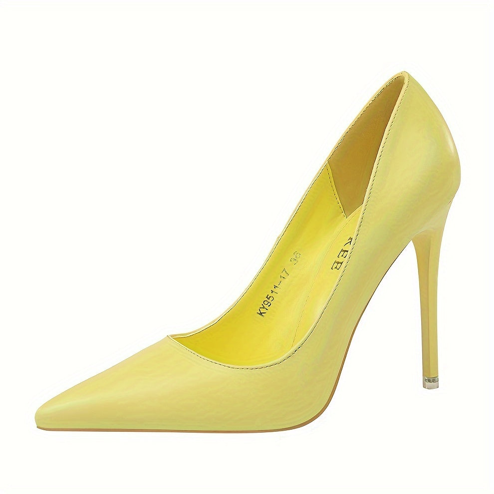 Women's elegant stiletto heels in solid color with point toe, slip-on design for parties.