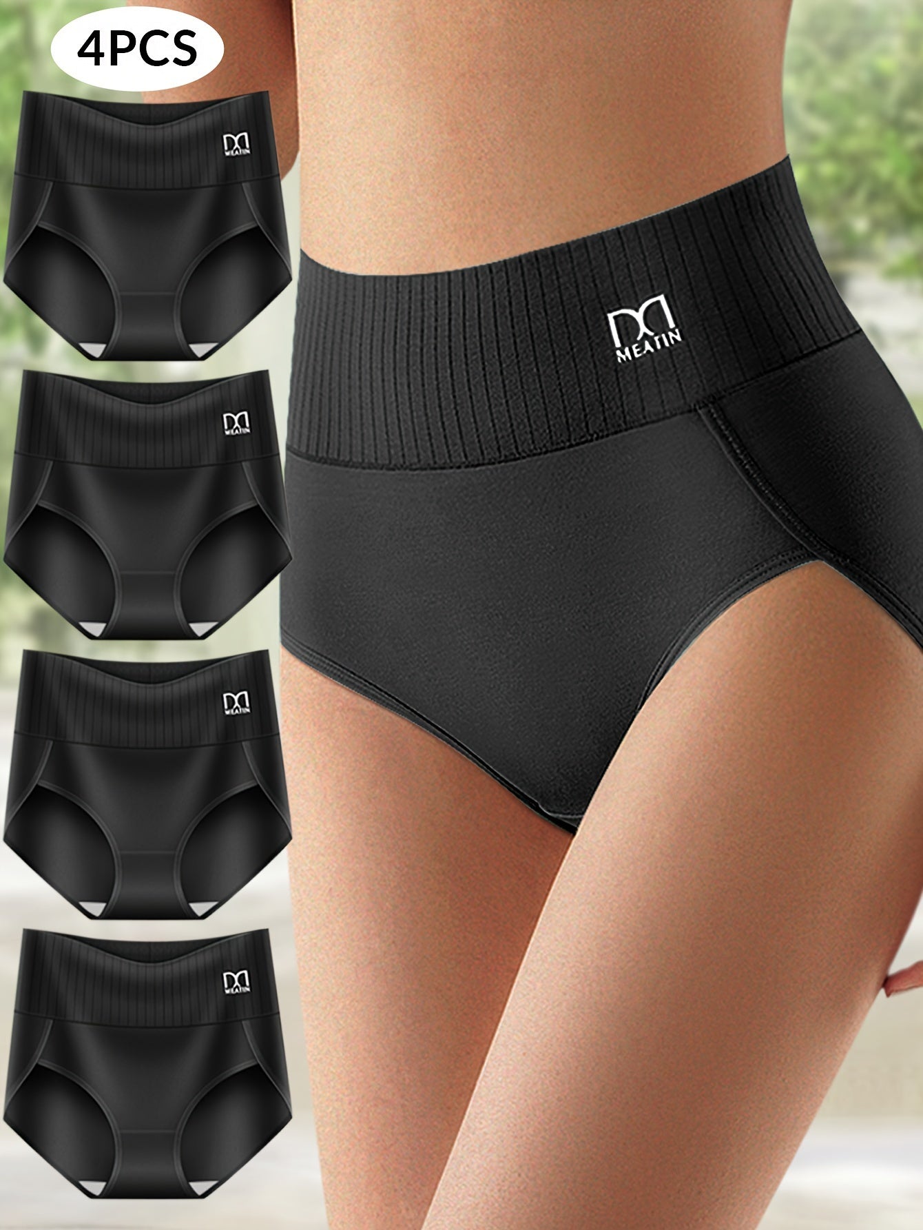 4 black high-waisted women's underwear with tummy control and waist cinching.