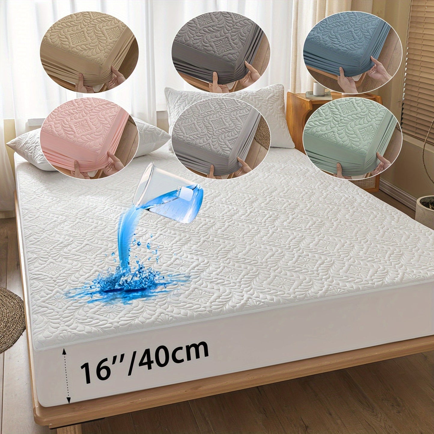 One set of two pieces of 100% waterproof mattress protector pillowcases made of 3D air bamboo fabric. The mattress cover is designed to provide cooling and is smooth, soft, and breathable. It is noiseless and washable, with a deep pocket size ranging