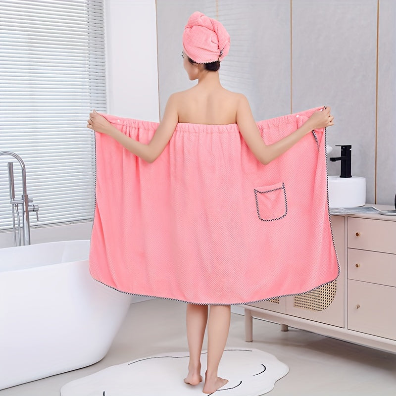 Two-piece bath towel set for adults includes wearable towel with hair towel, bowknot bath skirt, absorbent bathrobe with pockets, bow decor bath wrap towel with shower cap. Perfect bathroom accessories.