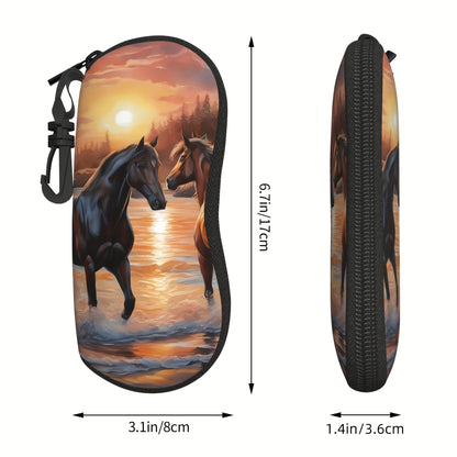 Trendy Horse Patterned Glasses Case - Stylish and Convenient Neoprene Eyewear Pouch with Zipper and Belt Clip for Women