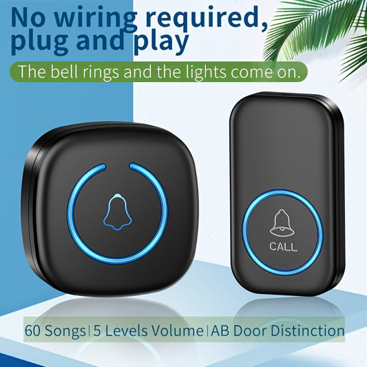 Wireless doorbell kit includes 1 set with 304.8 meter range, 60 chimes, LED flash, and classic button.