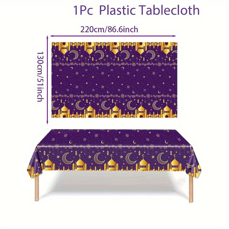 Eid Mubarak plastic table cover for Ramadan parties, 220x130cm, machine-made weave, perfect for Eid Al-Fitr celebrations.