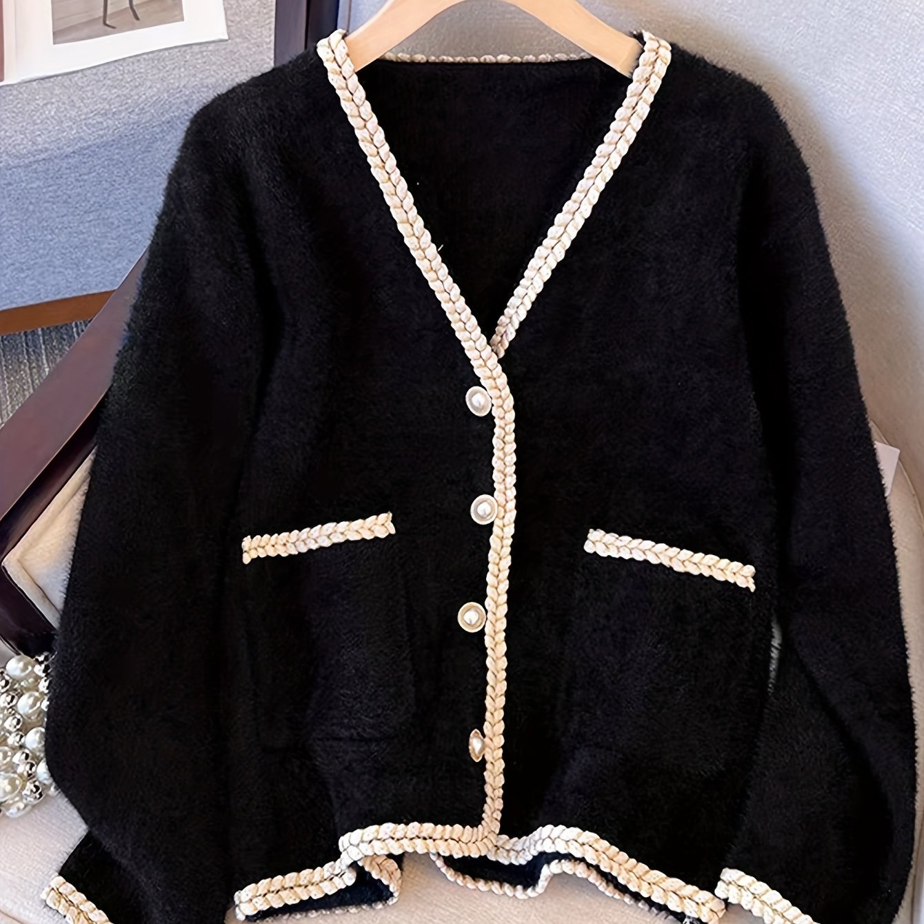 Stylish V-Neck cardigan with faux pearl buttons, made from acrylic and polyester blend, ideal for all seasons.