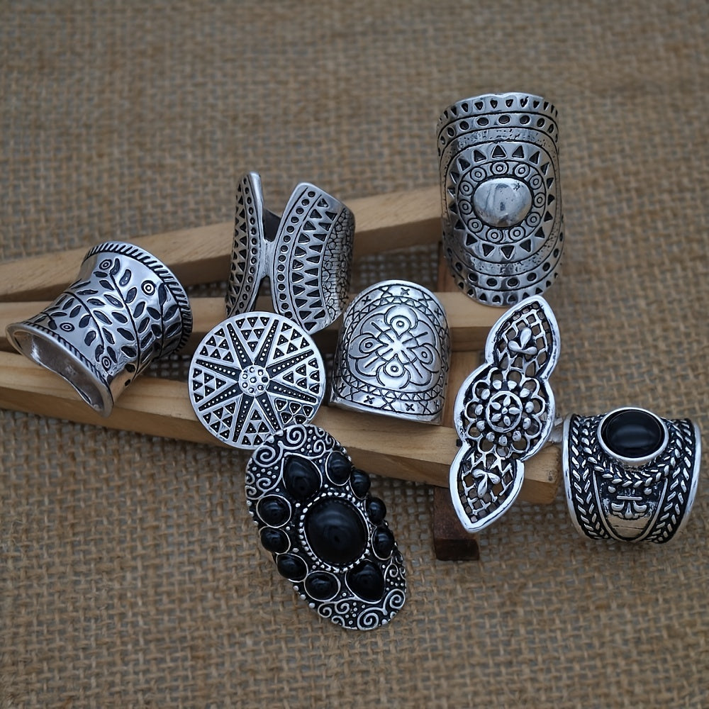 A collection of 8 autumn and winter themed retro rings featuring wide faces, exaggerated bohemian style, and intricate three-dimensional carvings. Perfect for everyday wear or as a special gift for friends during any occasion.