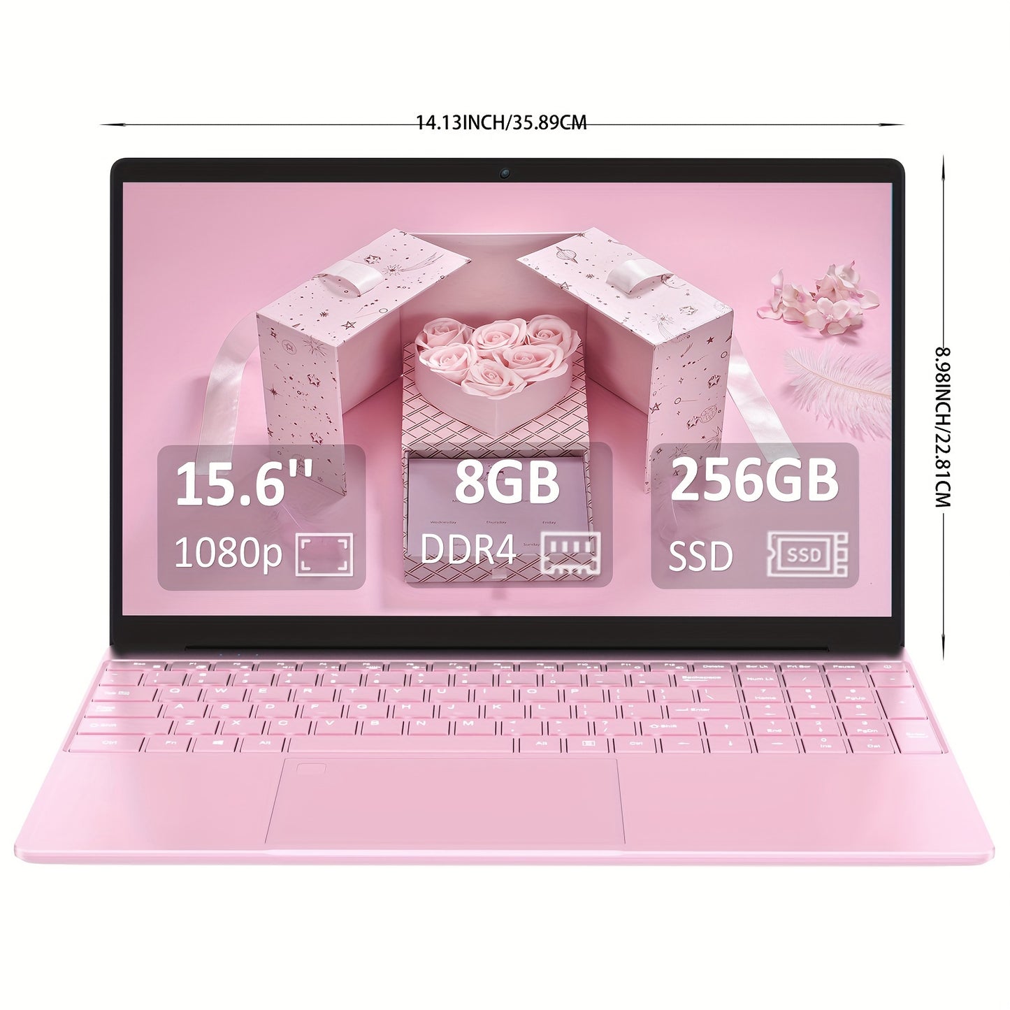 Pink 39.62cm laptop with 8GB DDR4 RAM, 256GB SSD, Quad-Core Intel N5095 CPU (Up to 2.9GHz), 1080P FHD display, webcam, USB 3.0, backlit keyboard - Ideal for students & professionals.