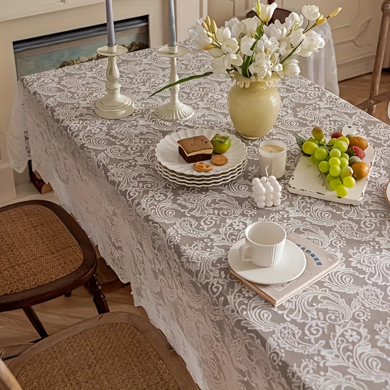 French Paisley lace tablecloth and rectangular polyester table runner for dining and coffee tables. Washable, easy to clean home decor for Christmas. Machine-woven with a solid pattern in a square shape.