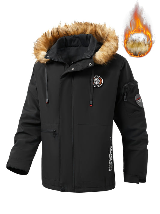 Plus size men's casual padded jacket with detachable hood for fall and winter.