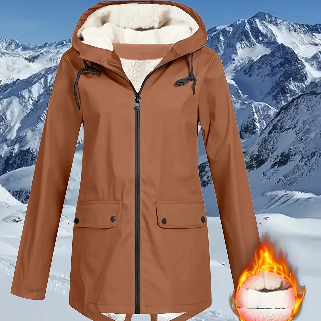 Women's plus size solid zip front warm coat with hooded long sleeves for fall and winter.