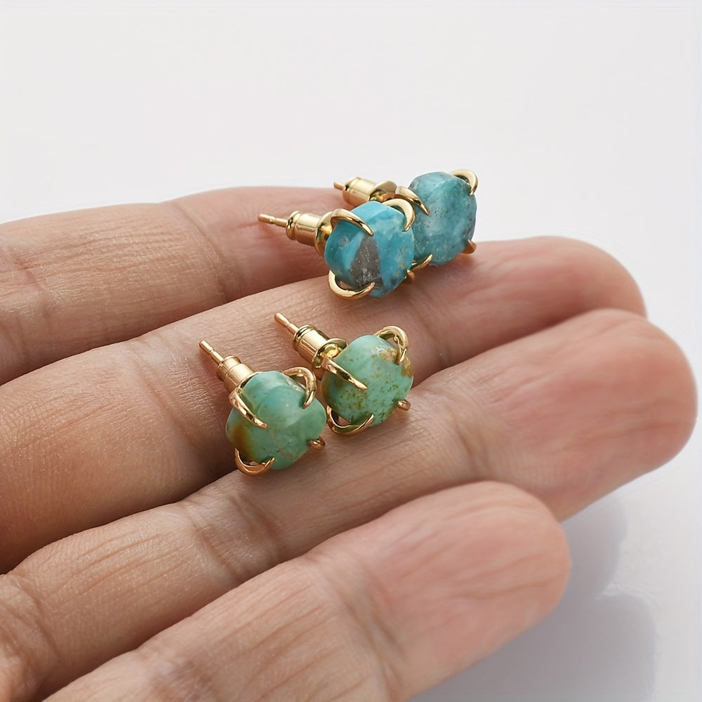 Pair of 14K Gold Plated Copper Stud Earrings with Natural Turquoise Stone, Boho Chic design, Perfect for Everyday Wear and Gifting.