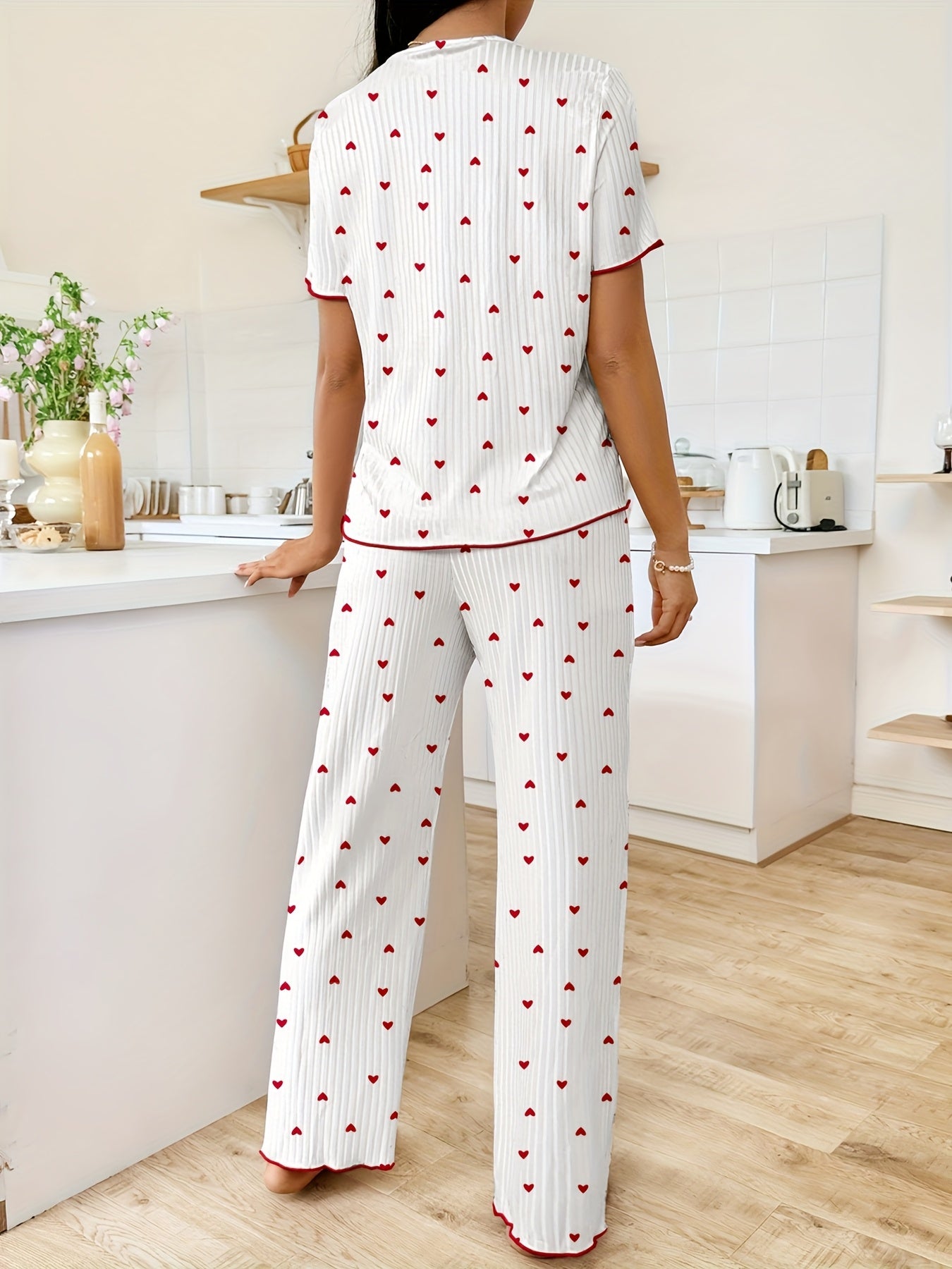 Elegant Heart Cherry Print Women's Pajama Set with V-Neck Lace Blouse and Long Pants. Machine washable polyester knit fabric for spring/summer/fall sleepwear.