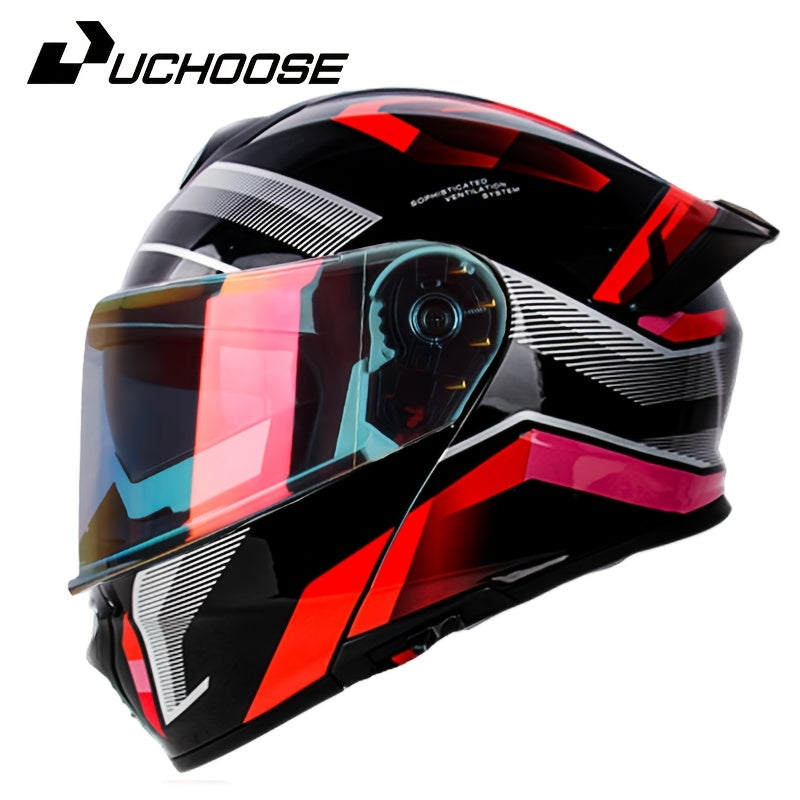 Modern motorcycle helmet with dual visors, detachable face shield, and enhanced safety features in black with red and pink accents. Durable ABS resin construction. Motorcycle safety gear