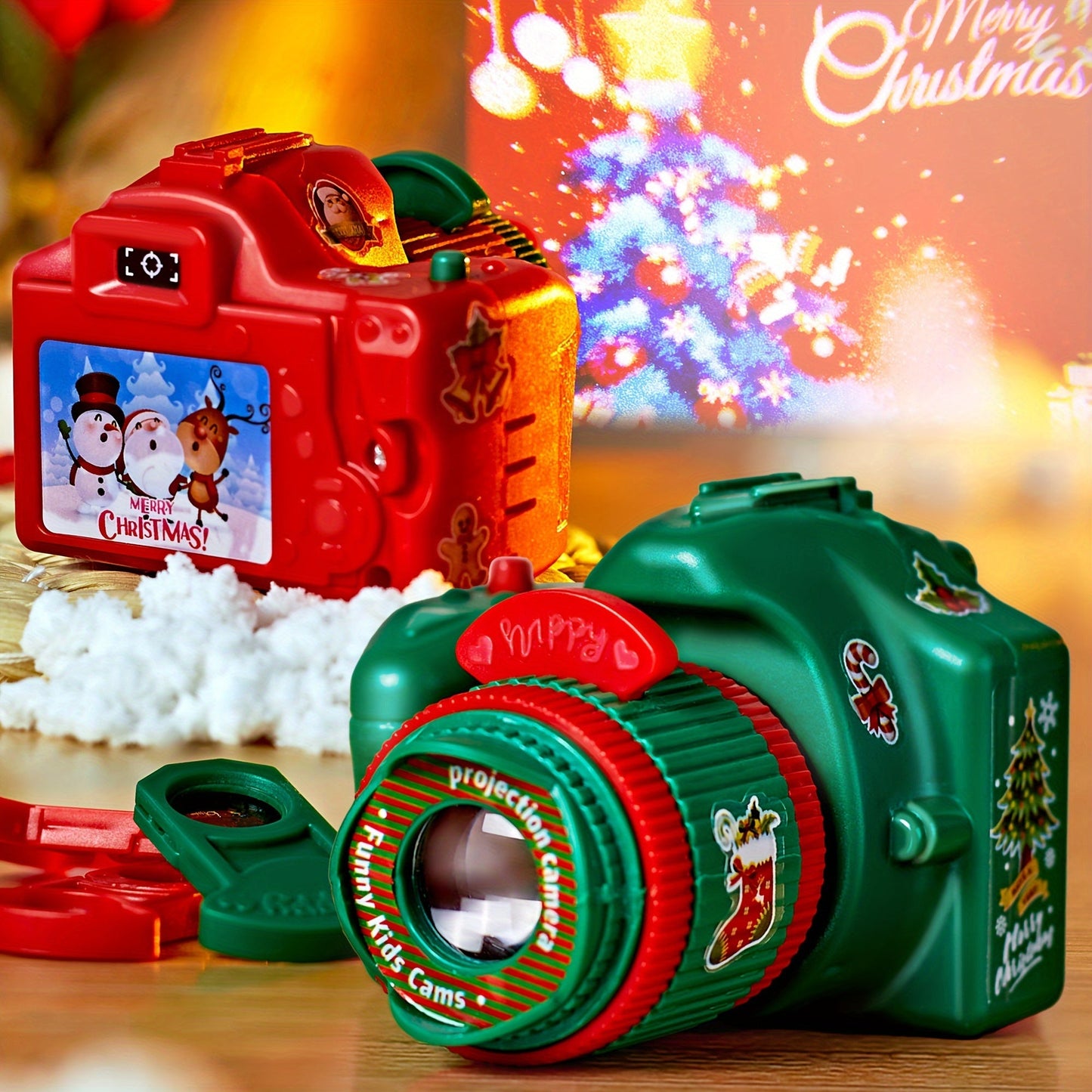 Christmas Projector Camera Toy for Kids - Green ABS Plastic Photo Lamp, Battery-Powered, Ideal for Halloween and Holiday Presents.