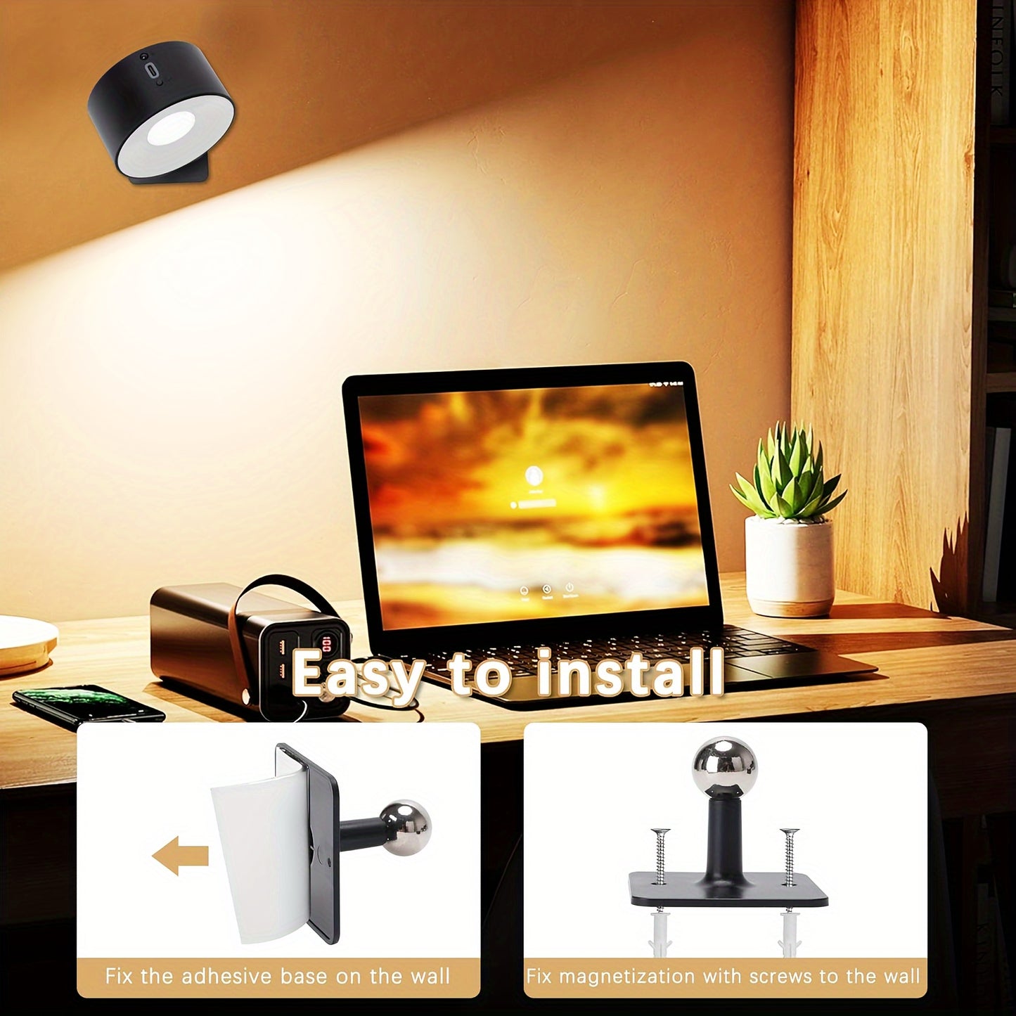 1 or 2 LED Wall Lights with rechargeable battery, adjustable brightness levels and color temperatures, touchpad control, USB charging, 360° rotatable magnetic ball, non-waterproof. Ideal