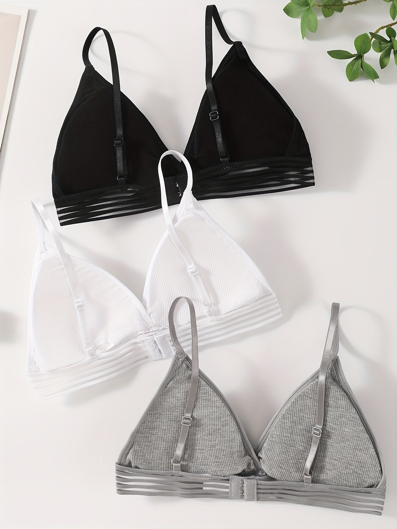 3 Women's Wireless Ribbed Bras - Comfortable & Breathable, Striped V-Neck with Removable Pads, Elastane & Polyamide Blend, Hand Washable - Black, White, Gray.