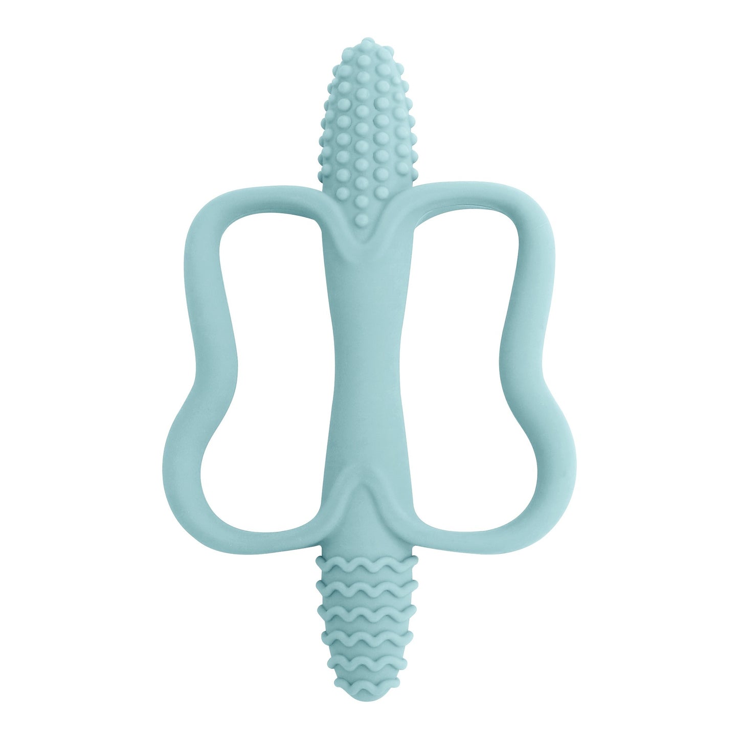 Corn-shaped teething stick with handle, available in 6 colors.