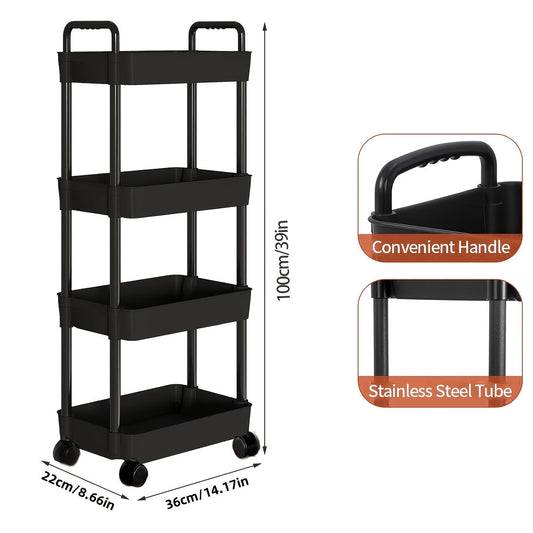 Black 4-Tier Plastic Rolling Utility Cart with Handle, Ideal for Office, Living Room, Kitchen, or Bedroom, Multi-Functional Storage Trolley on Wheels