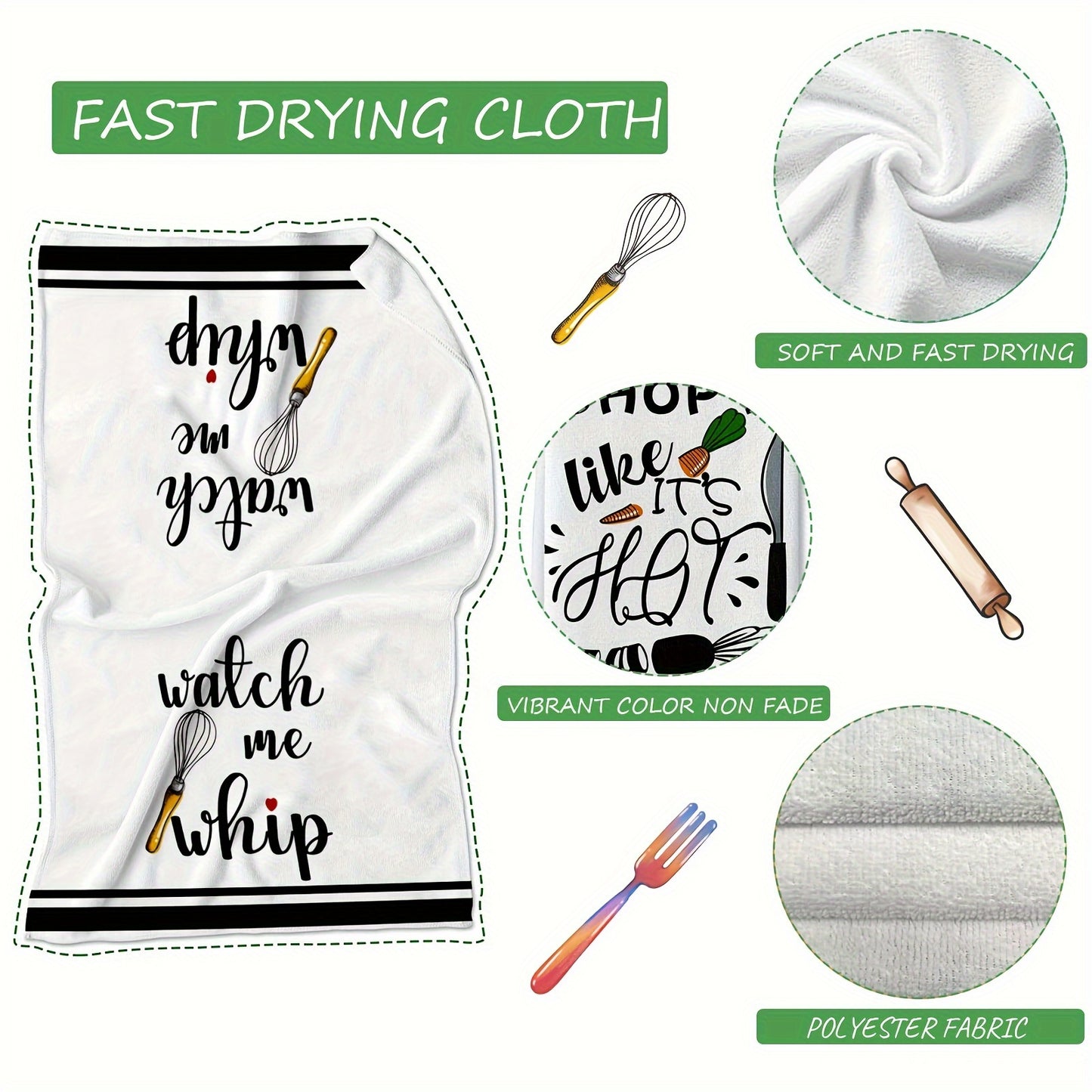 2 funny kitchen towels with sayings, egg beater and rolling pin design. Absorbent for drying dishes and ideal for cooking and baking.