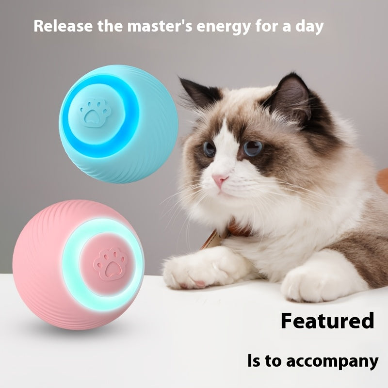 USB rechargeable cat teaser ball made of striped silicone, suitable for all breeds, provides engaging playtime.