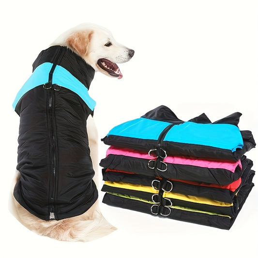 Windproof winter dog jacket for medium breeds, made of 100% polyester with zippered closure. Warm outdoor apparel.