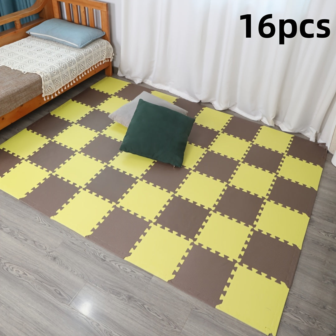 16-piece EVA Foam Play Mat in geometric patterns, available in beige, gray, navy blue, yellow, coffee, pink, and purple. Each tile is 30cm x 30cm, perfect for youngsters' room and playroom