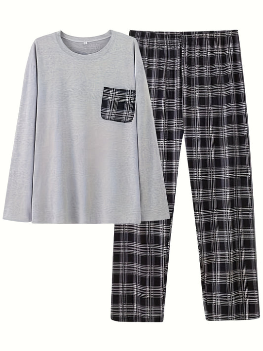 Men's casual sleepwear set with a long sleeve crew neck top and loose fit plaid pants. Made of 95% polyester and 5% spandex, features all-season knit fabric and heat transfer printed