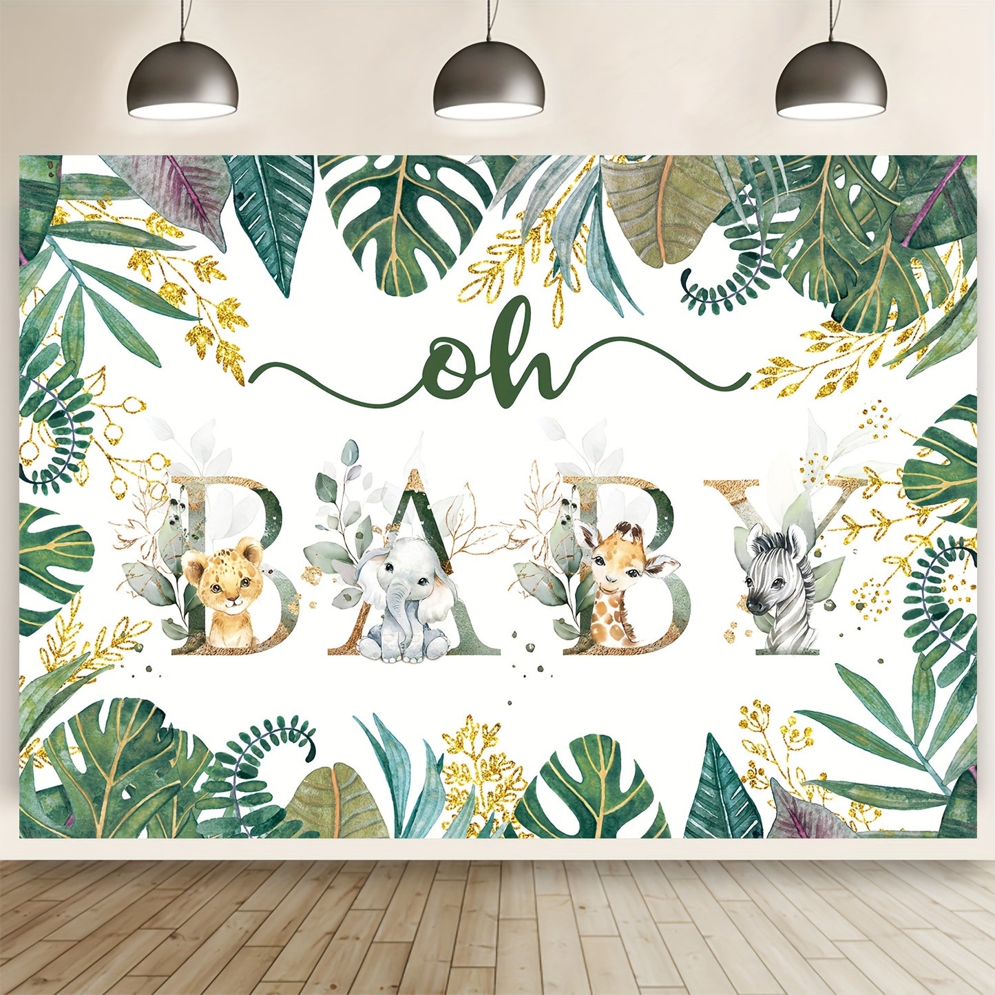 Gender-neutral Jungle Safari backdrop for a shower or birthday party, featuring golden accents, green leaves, and adorable animal illustrations. Dimensions 213.36x152.4cm.