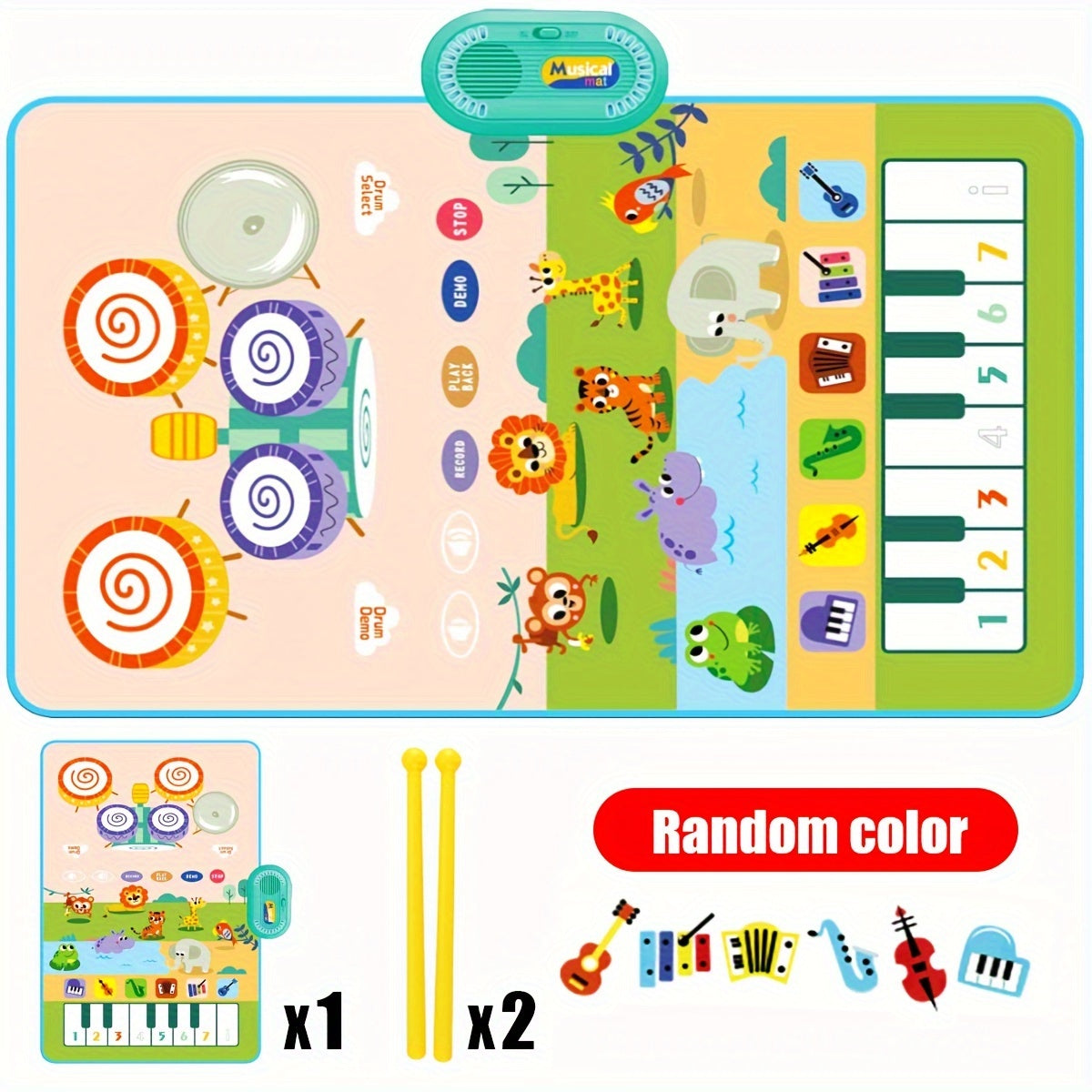 Interactive 2-in-1 Musical Play Mat & Drum Set for Youngsters - Educational Piano Keyboard Toy with Colorful Sound, Dual Instruments, Durable Polyester, Battery Operated, Random Colors