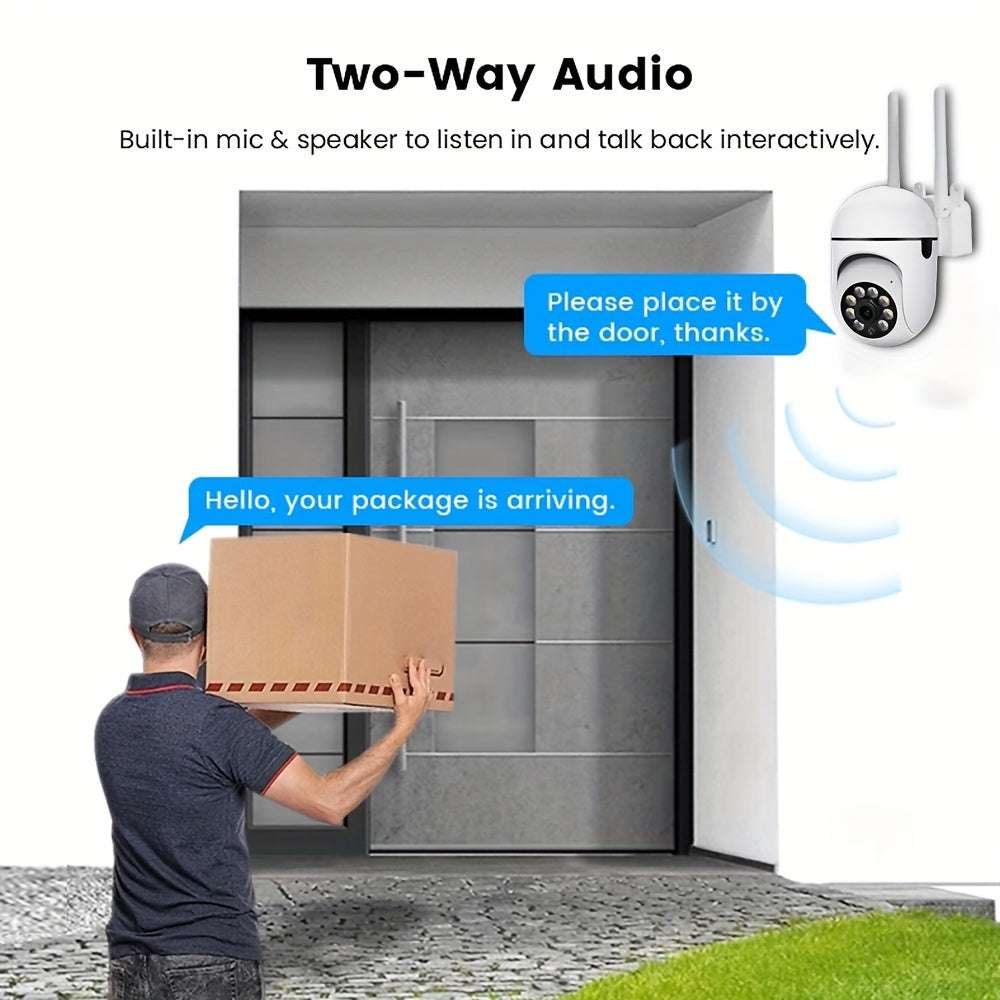 Five high-definition outdoor security cameras featuring auto tracking, night vision, motion alerts, and two-way audio. Can connect to 2.4GHz WiFi for remote viewing from a smartphone, suitable for both indoor and outdoor use.