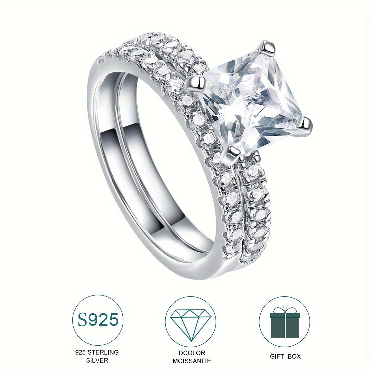 Hypoallergenic 925 Sterling Silver 1ct Moissanite Square Stacking Ring - Perfect for Women's Engagement, Proposal, or Wedding Band. Luxury Valentine's Day Gift Set includes Moissanite Certification and Exquisite Gift Box.