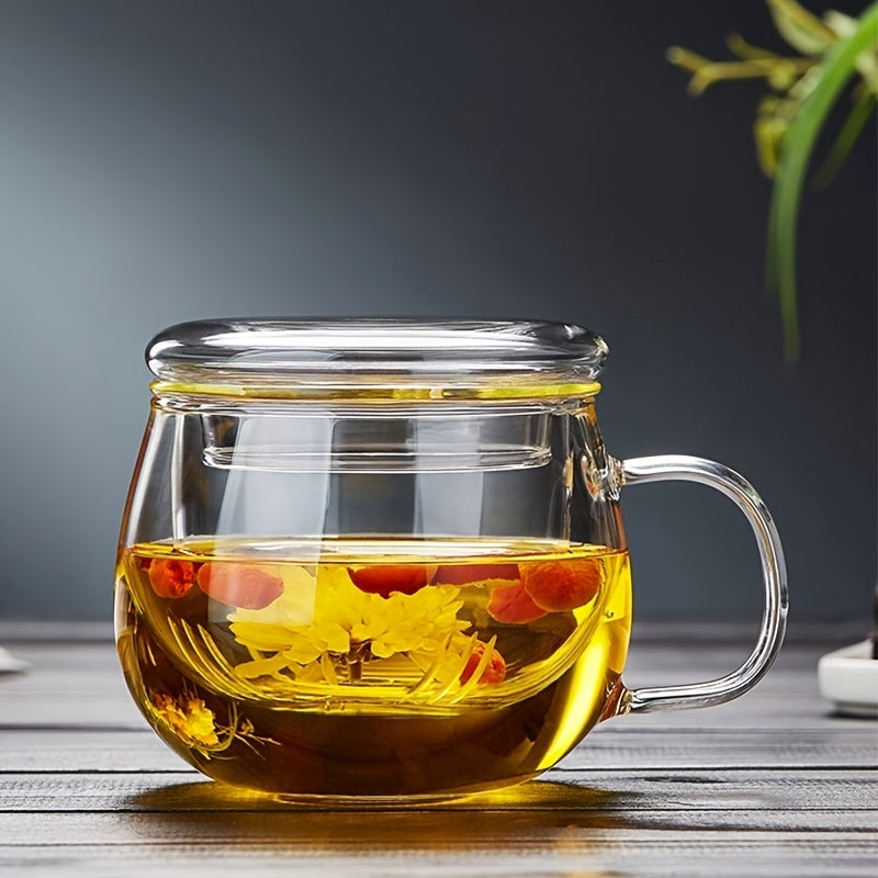 Glass tea cup with infuser, lid, and strainer, holds 380ml/12.85oz. Suitable for various drinks like lemon juice, water, tea, coffee, and fruit juice, perfect for all seasons.