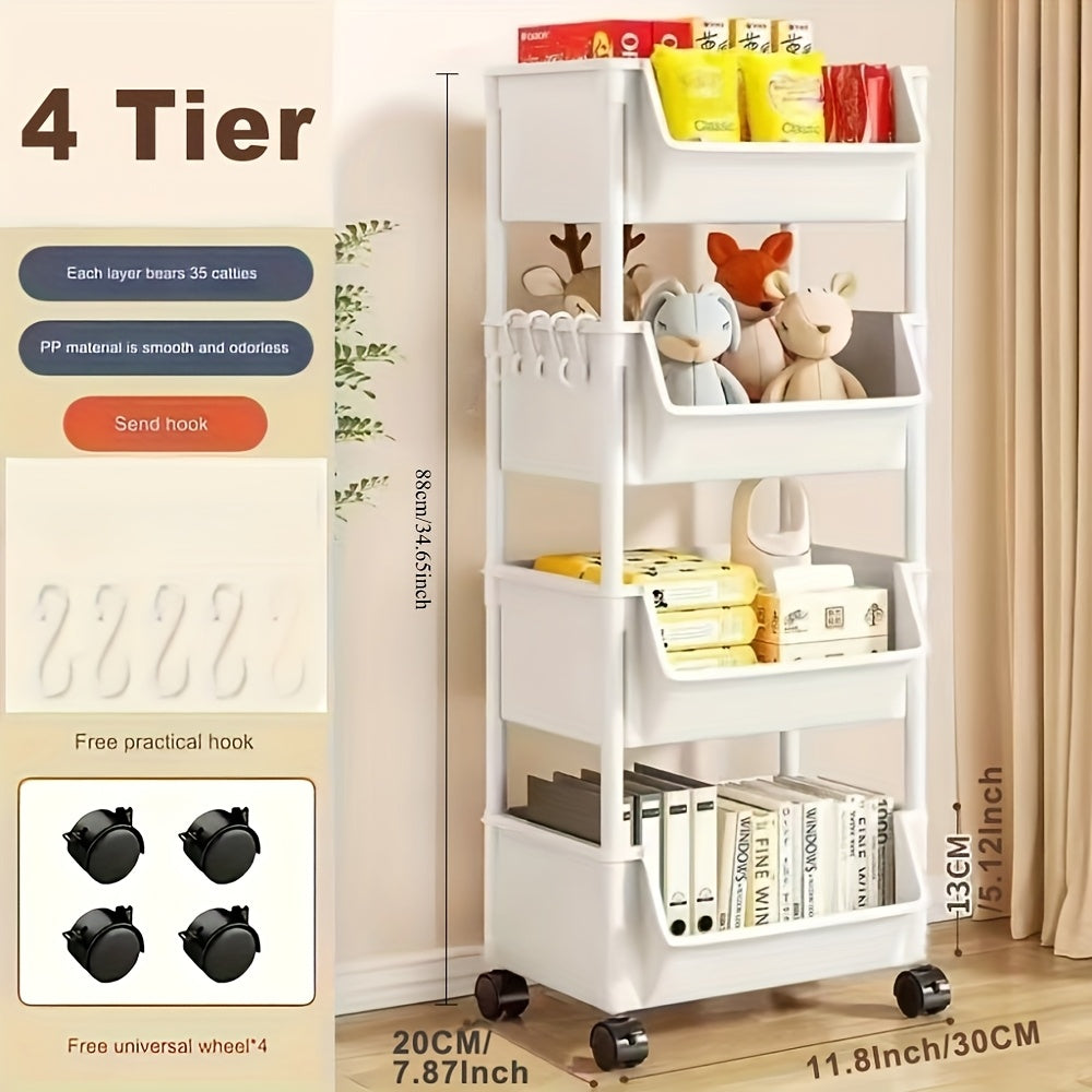 Sturdy Rolling Storage Cart with 4/5 Tiers - Multipurpose Plastic Organizer for Kitchen, Bathroom, Living Room, and Office, Portable and Easy to Move, Ideal for Bookshelf or Balcony Storage.