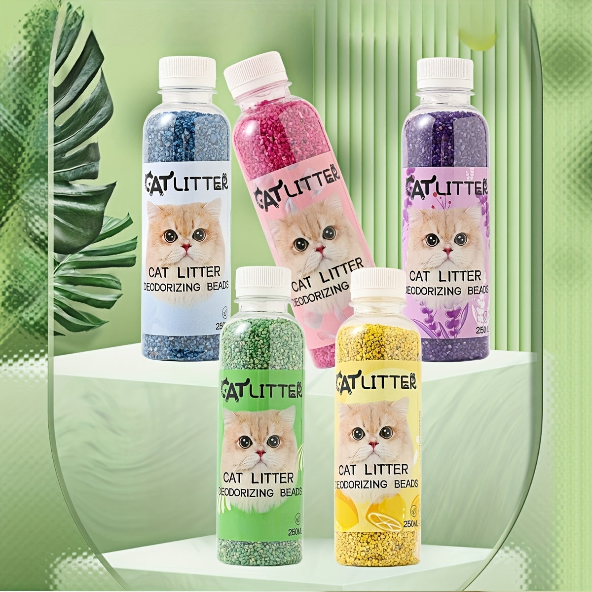 1 bottle of cat litter deodorizing beads made from natural plant-based activated carbon particles to eliminate odors, add a fresh fragrance to the litter box, and keep the pet environment