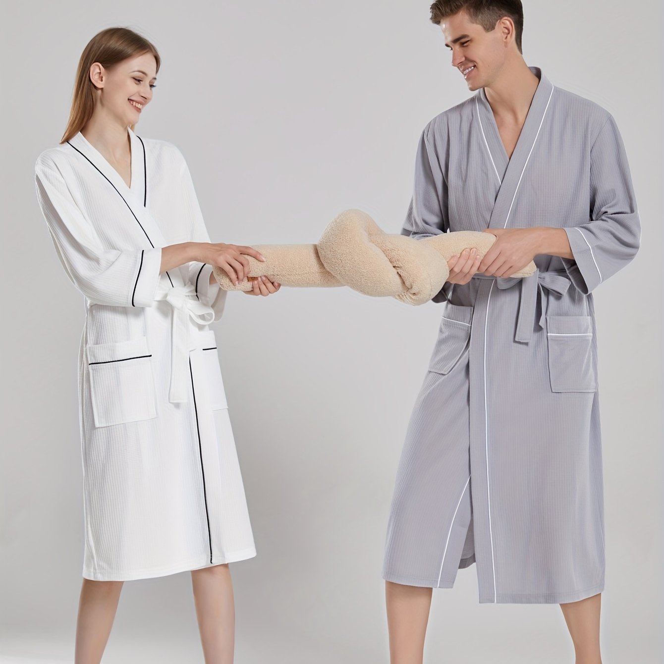 Unisex Japanese-style bathrobe with waffle weave, pockets, and belt for all-season comfort.